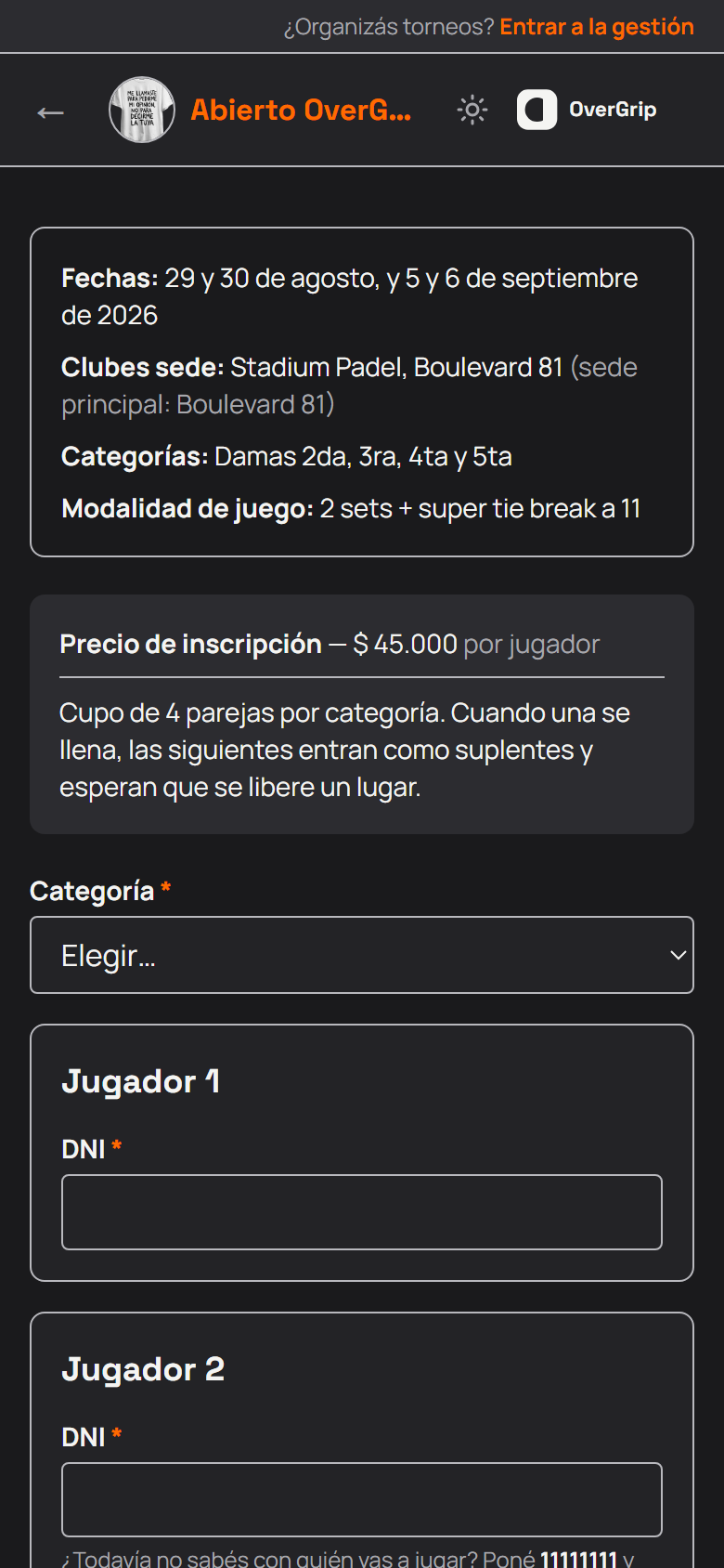 Formulario de inscripción en el celular: datos del torneo, precio y elección de categoría