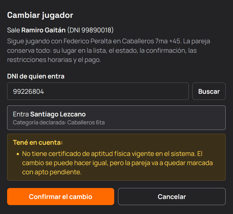 Diálogo para cambiar un jugador, con lo que se conserva y lo que queda pendiente