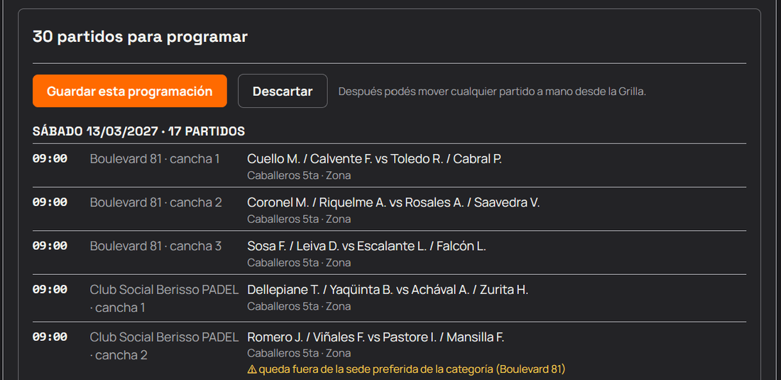 Propuesta de programación con día, hora, complejo y cancha, y las concesiones marcadas